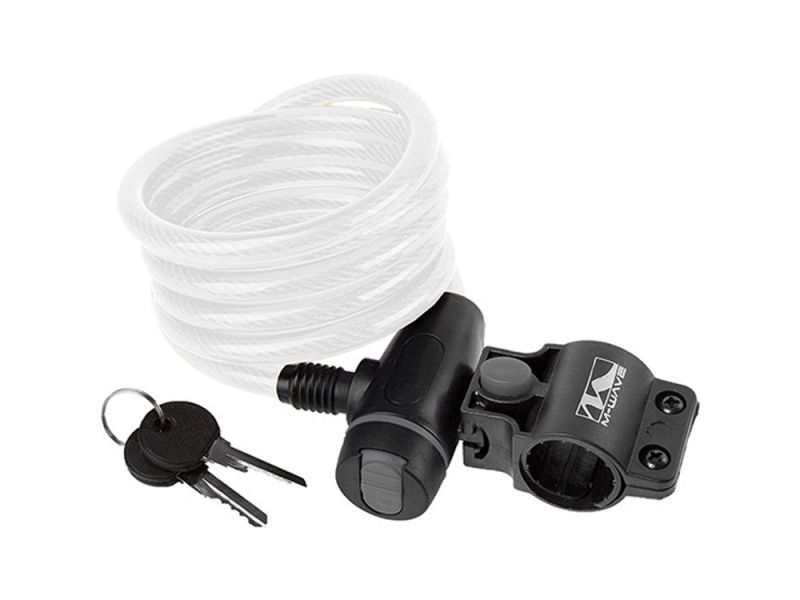 Messingschlager Spiralkabelschloss (180cm | ø10mm | Clip-On Halter | weiß)