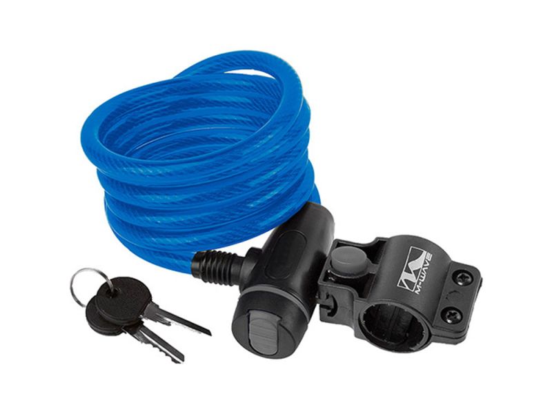 Messingschlager Spiralkabelschloss (180cm | ø10mm | Clip-On Halter | blau)